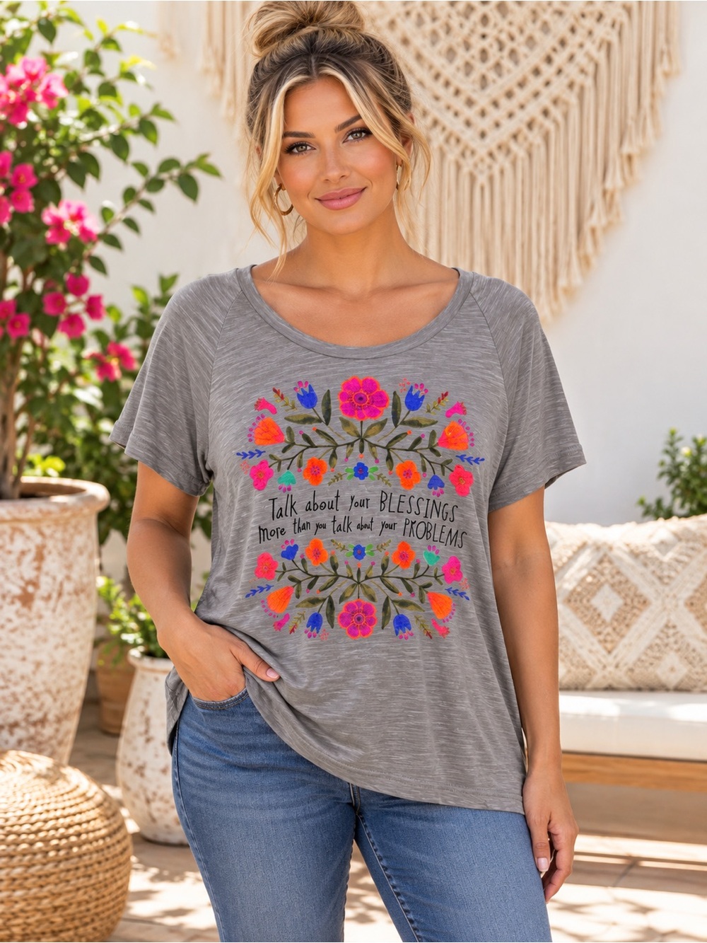 NWT NATURAL LIFE Short-Sleeve Tee with Colorful Blessings Graphic Size Medium